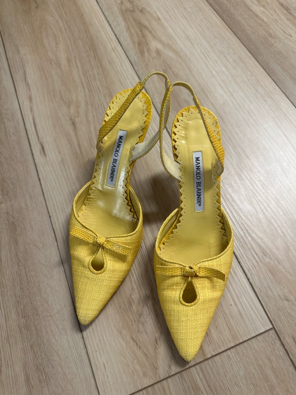 Manolo Blahnik Bright Yellow Pointed Toe Slingback Heels with Bow